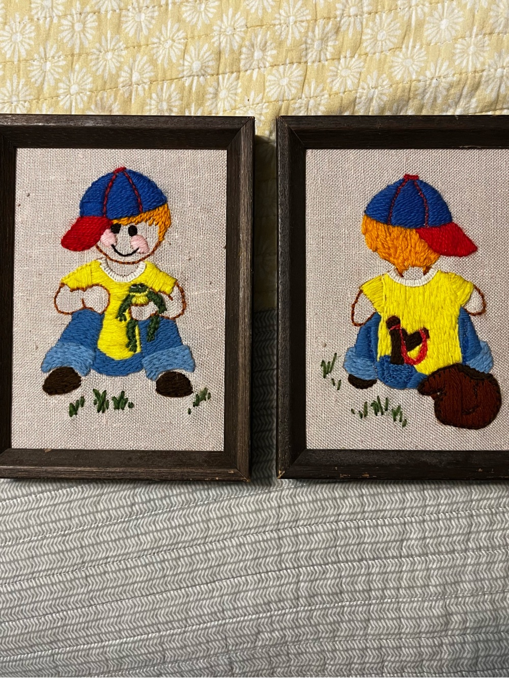 Vintage Wooden Framed Embroidered Kids Wall Art Duo in Blue, Yellow and Red